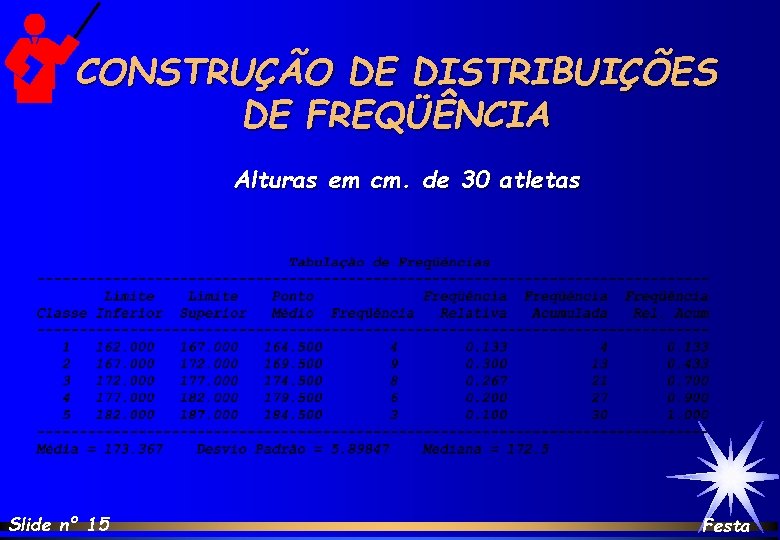 CONSTRUÇÃO DE DISTRIBUIÇÕES DE FREQÜÊNCIA Alturas em cm. de 30 atletas Slide nº 15