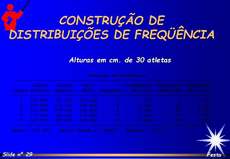 CONSTRUÇÃO DE DISTRIBUIÇÕES DE FREQÜÊNCIA Alturas em cm. de 30 atletas Slide nº 29