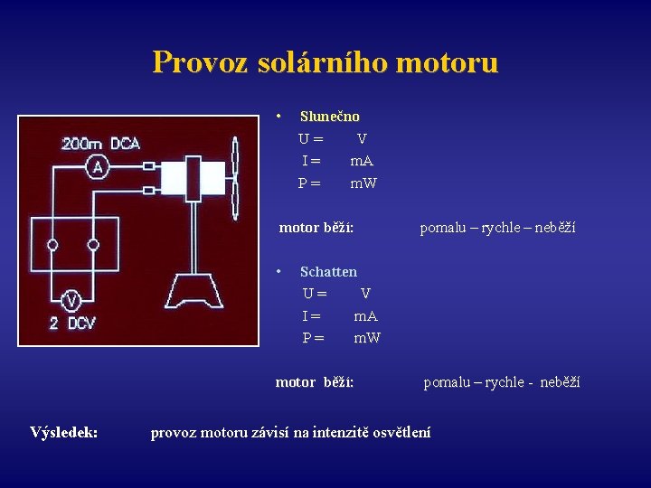 Provoz solárního motoru • Slunečno U= V I= m. A P= m. W motor