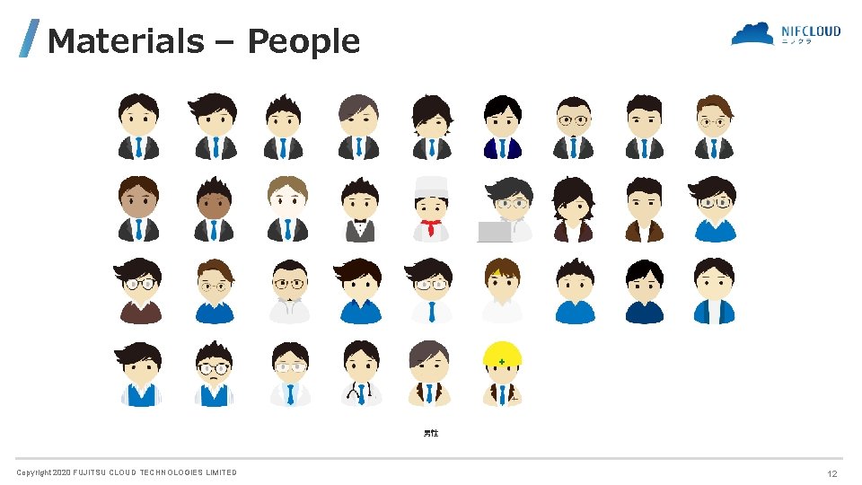 Materials – People 男性 Copyright 2020 FUJITSU CLOUD TECHNOLOGIES LIMITED 12 Materials – People 男性 Copyright 2020 FUJITSU CLOUD TECHNOLOGIES LIMITED 12