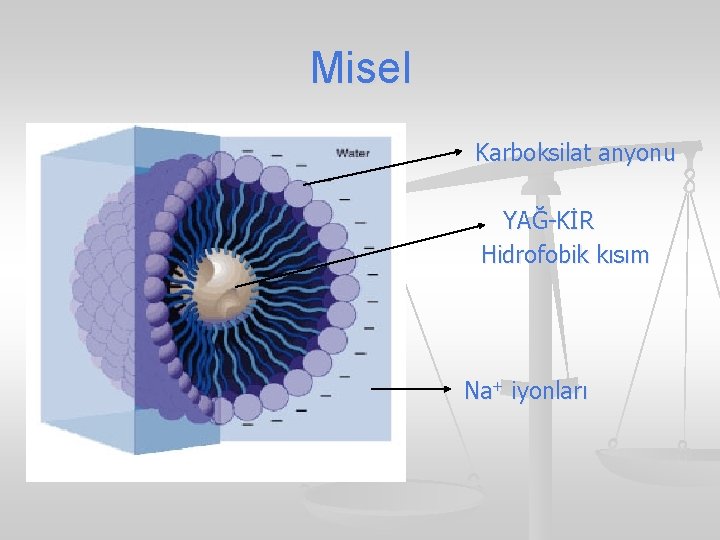 Misel Karboksilat anyonu YAĞ-KİR Hidrofobik kısım Na+ iyonları 