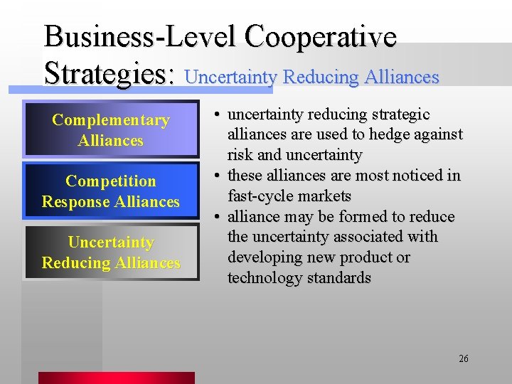 Business-Level Cooperative Strategies: Uncertainty Reducing Alliances Complementary Alliances Competition Response Alliances Uncertainty Reducing Alliances