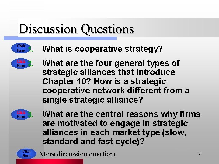 Discussion Questions Click Here 1. What is cooperative strategy? Click Here 2. What are