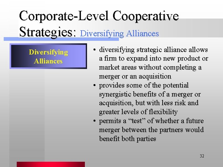 Corporate-Level Cooperative Strategies: Diversifying Alliances • diversifying strategic alliance allows a firm to expand