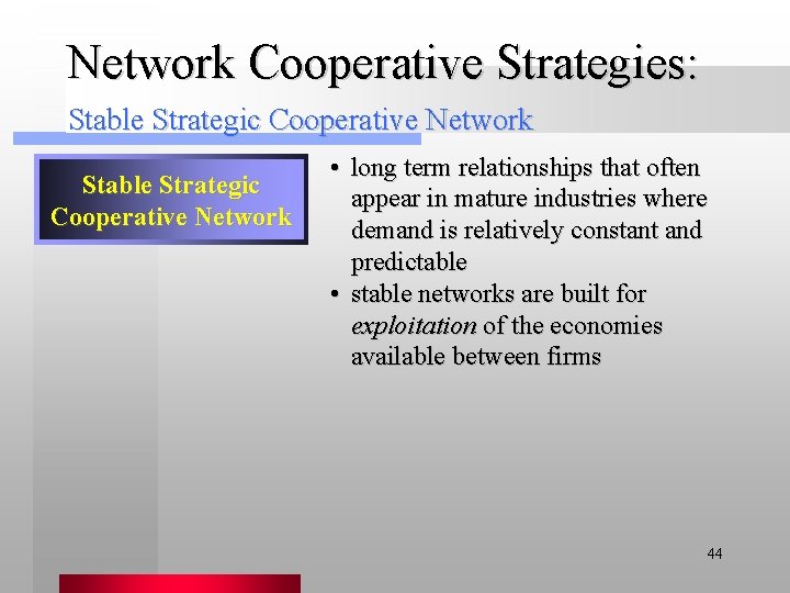 Network Cooperative Strategies: Stable Strategic Cooperative Network • long term relationships that often appear