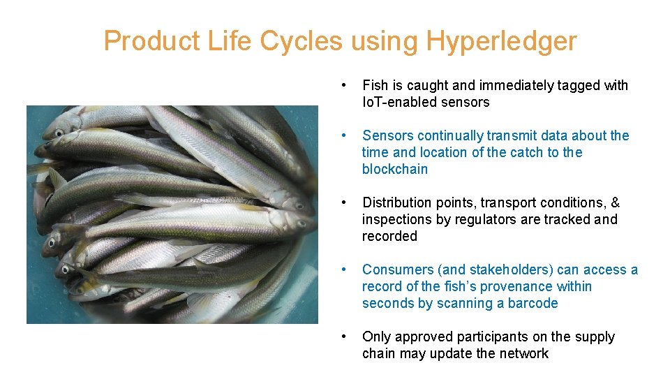 Product Life Cycles using Hyperledger • Fish is caught and immediately tagged with Io.