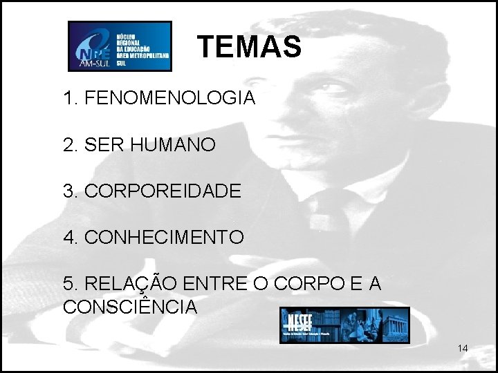 TEMAS 1. FENOMENOLOGIA 2. SER HUMANO 3. CORPOREIDADE 4. CONHECIMENTO 5. RELAÇÃO ENTRE O