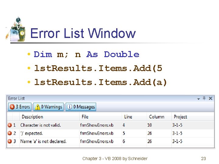 Error List Window • Dim m; n As Double • lst. Results. Items. Add(5