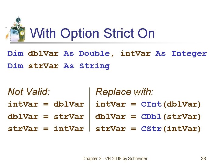 With Option Strict On Dim dbl. Var As Double, int. Var As Integer Dim