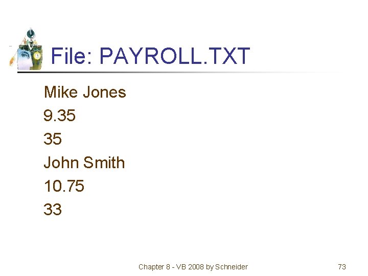 File: PAYROLL. TXT Mike Jones 9. 35 35 John Smith 10. 75 33 Chapter
