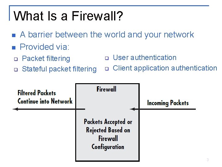 What Is a Firewall? n n q q A barrier between the world and