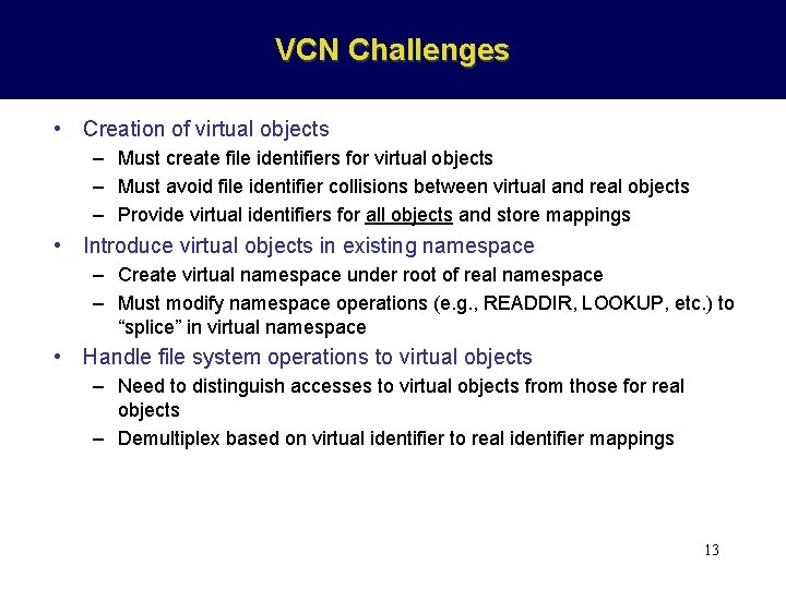 VCN Challenges • Creation of virtual objects – Must create file identifiers for virtual