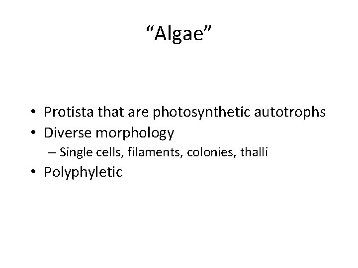 “Algae” • Protista that are photosynthetic autotrophs • Diverse morphology – Single cells, filaments,