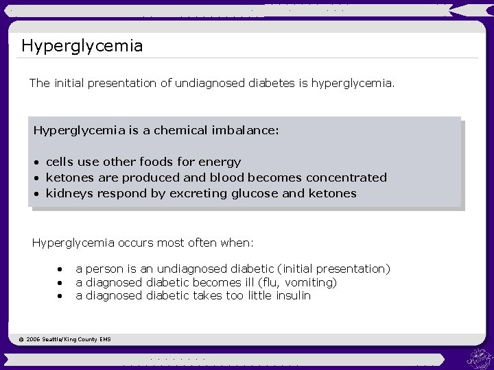 Hyperglycemia The initial presentation of undiagnosed diabetes is hyperglycemia. Hyperglycemia is a chemical imbalance: