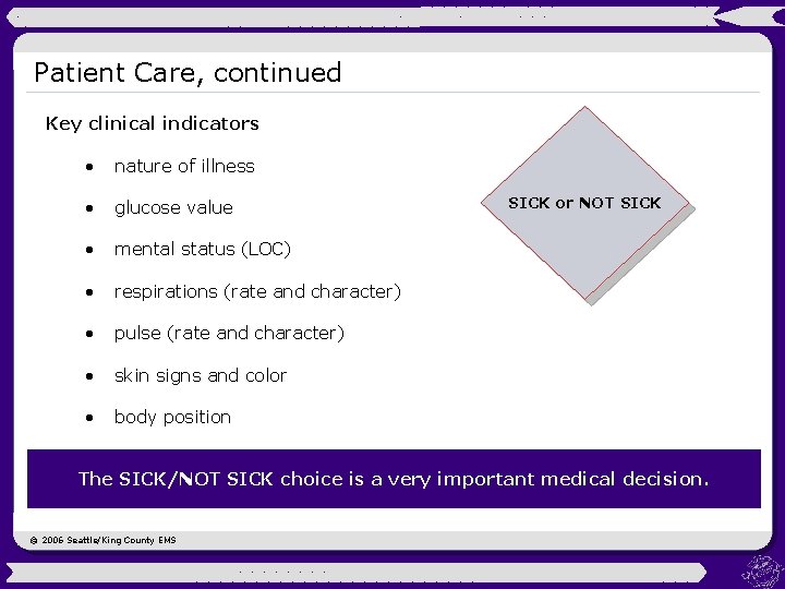 Patient Care, continued Key clinical indicators • nature of illness • glucose value •