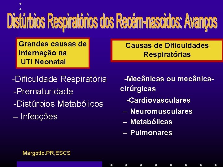 Grandes causas de internação na UTI Neonatal -Dificuldade Respiratória -Prematuridade -Distúrbios Metabólicos – Infecções