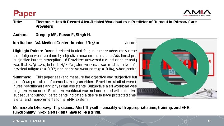 Paper Title: Electronic Health Record Alert-Related Workload as a Predictor of Burnout in Primary