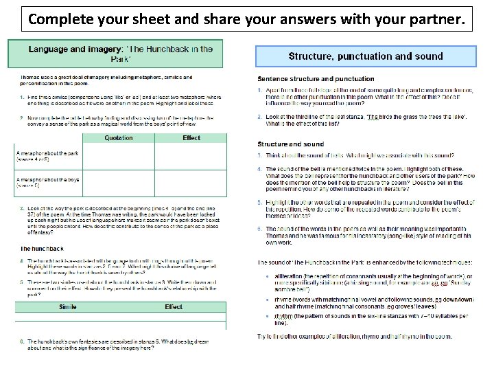Complete your sheet and share your answers with your partner. 
