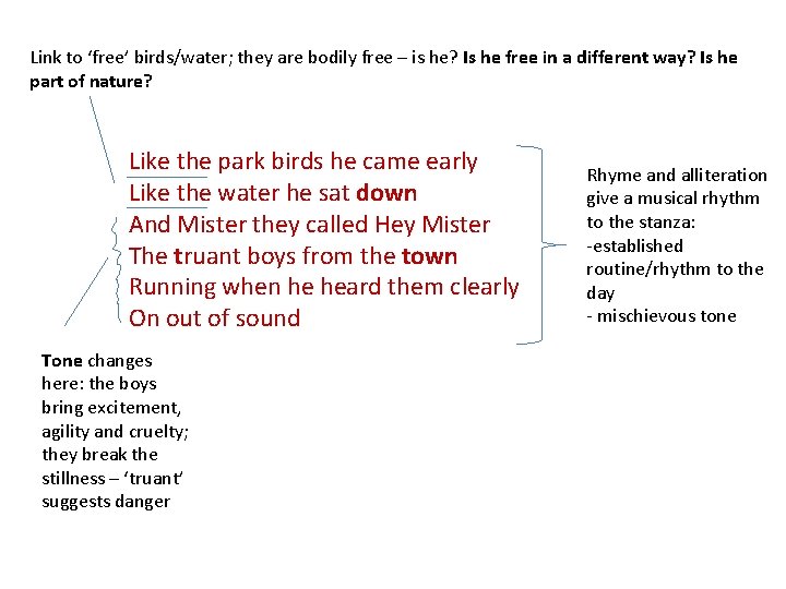 Link to ‘free’ birds/water; they are bodily free – is he? Is he free