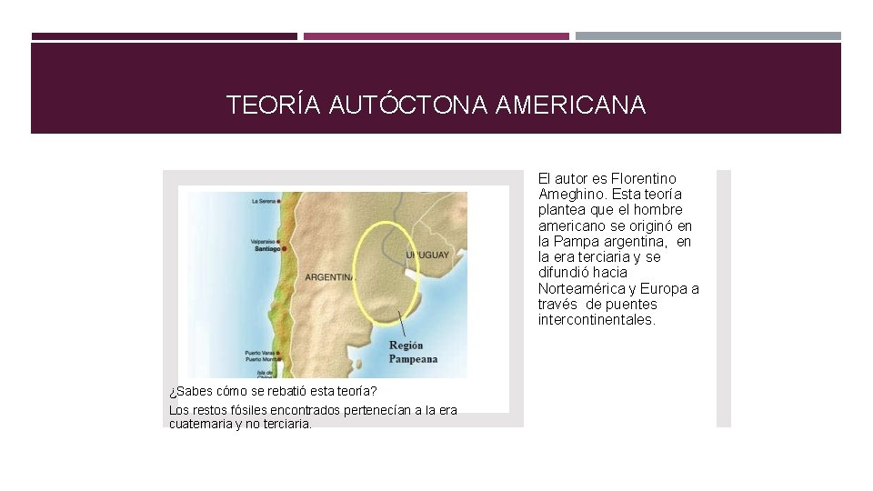 TEORÍA AUTÓCTONA AMERICANA El autor es Florentino Ameghino. Esta teoría plantea que el hombre