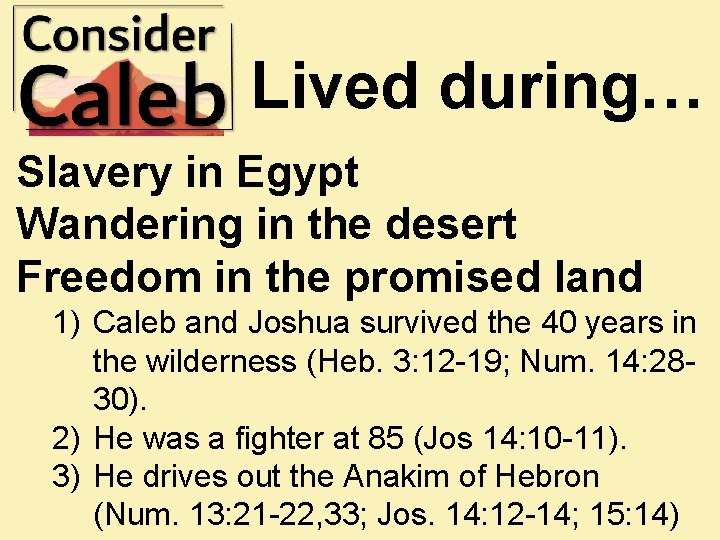 Lived during… Slavery in Egypt Wandering in the desert Freedom in the promised land