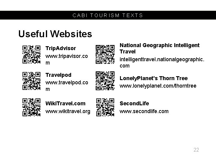 CABI TOURISM TEXTS Useful Websites Trip. Advisor www. tripavisor. co m National Geographic Intelligent