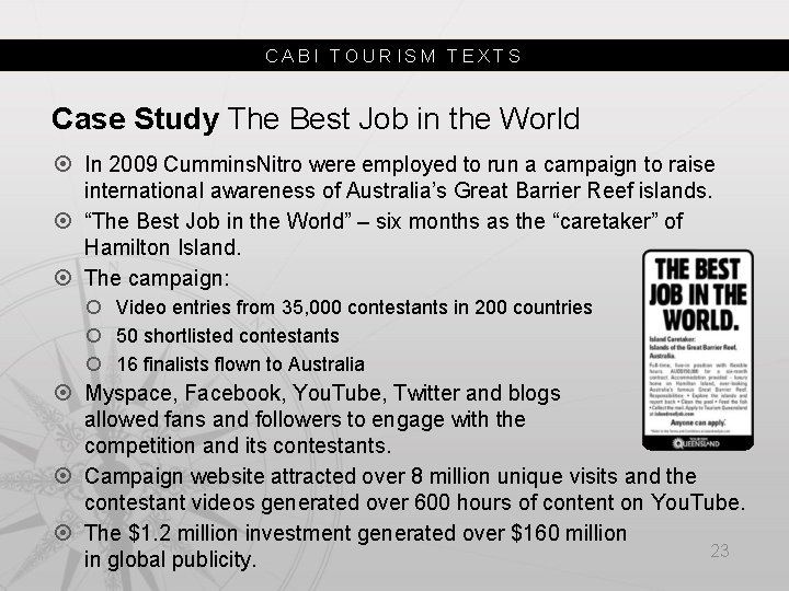 CABI TOURISM TEXTS Case Study The Best Job in the World In 2009 Cummins.