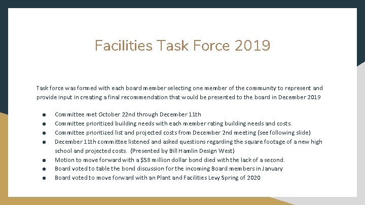 Facilities Task Force 2019 Task force was formed with each board member selecting one