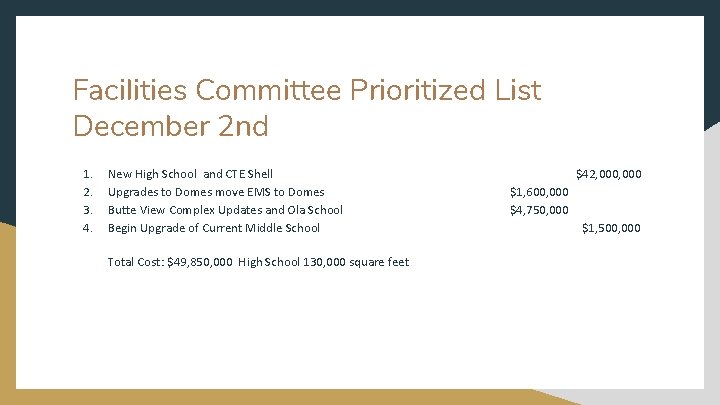 Facilities Committee Prioritized List December 2 nd 1. 2. 3. 4. New High School