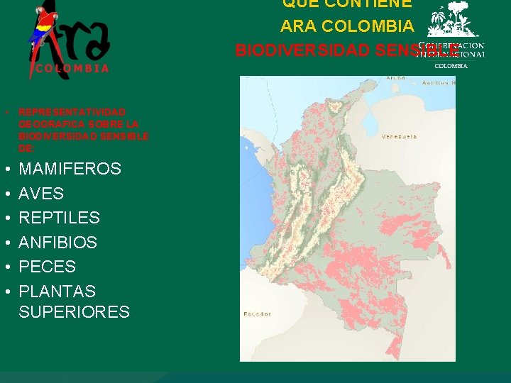 QUE CONTIENE ARA COLOMBIA BIODIVERSIDAD SENSIBLE • REPRESENTATIVIDAD GEOGRAFICA SOBRE LA BIODIVERSIDAD SENSIBLE DE: