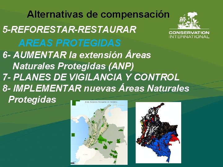 Alternativas de compensación 5 -REFORESTAR-RESTAURAR AREAS PROTEGIDAS 6 - AUMENTAR la extensión Áreas Naturales