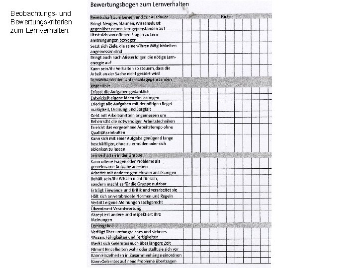 Beobachtungs- und Bewertungskriterien zum Lernverhalten: 