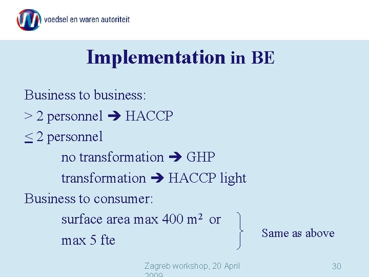 Implementation in BE Business to business: > 2 personnel HACCP < 2 personnel no