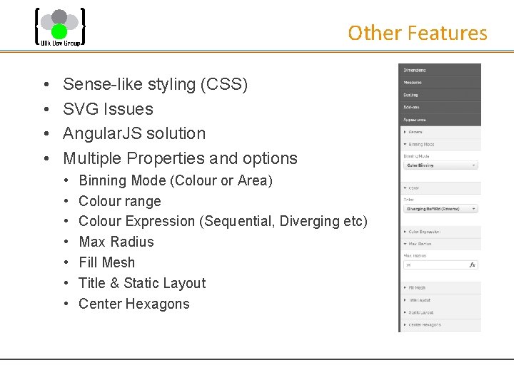 Other Features • • Sense-like styling (CSS) SVG Issues Angular. JS solution Multiple Properties
