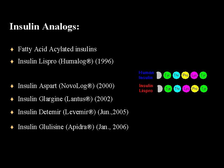 Insulin Analogs: ¨ Fatty Acid Acylated insulins ¨ Insulin Lispro (Humalog®) (1996) ¨ Insulin