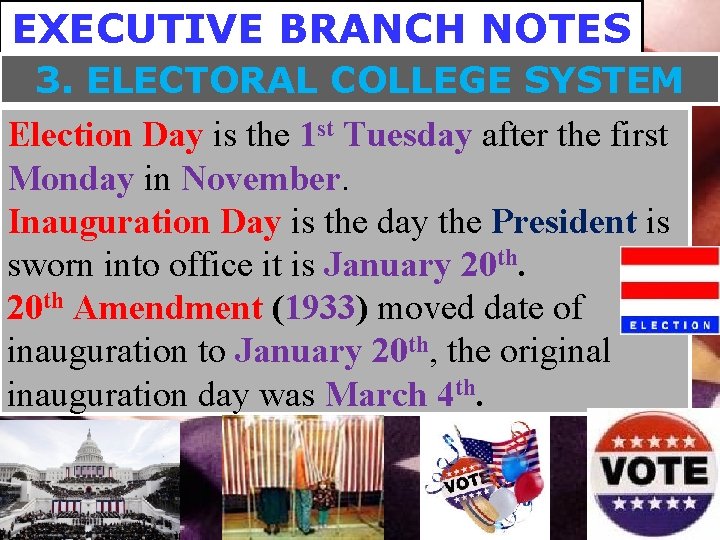 EXECUTIVE BRANCH NOTES 3. ELECTORAL COLLEGE SYSTEM Election Day is the 1 st Tuesday