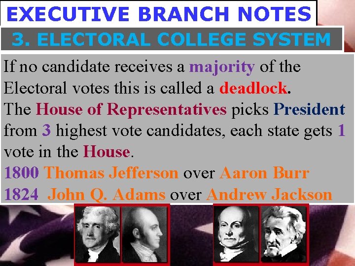 EXECUTIVE BRANCH NOTES 3. ELECTORAL COLLEGE SYSTEM If no candidate receives a majority of
