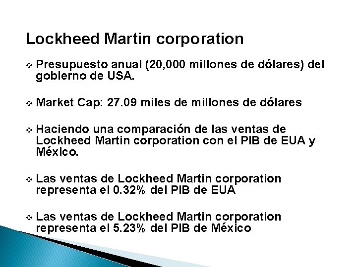 Lockheed Martin corporation v Presupuesto anual (20, 000 millones de dólares) del gobierno de