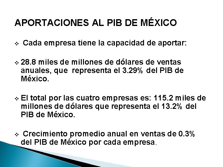 APORTACIONES AL PIB DE MÉXICO v Cada empresa tiene la capacidad de aportar: v