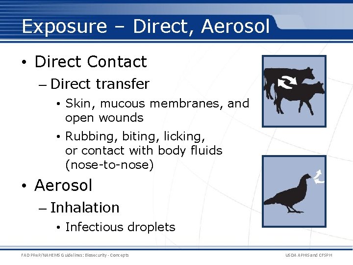 Exposure – Direct, Aerosol • Direct Contact – Direct transfer • Skin, mucous membranes,