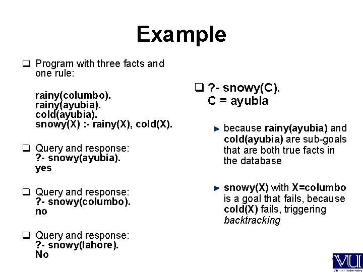 Example q Program with three facts and one rule: rainy(columbo). rainy(ayubia). cold(ayubia). snowy(X) :