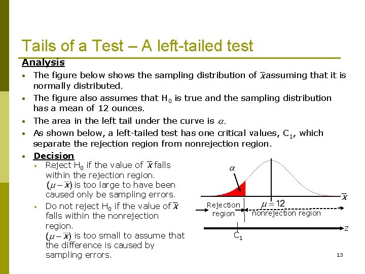 Tails of a Test – A left-tailed test Analysis • • • The figure