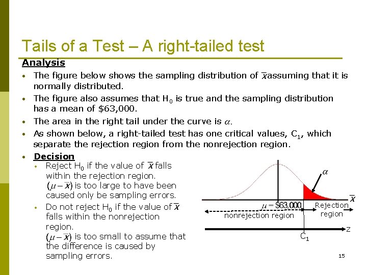 Tails of a Test – A right-tailed test Analysis • • • The figure