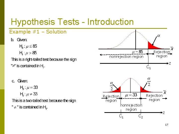 Hypothesis Tests - Introduction Example #1 – Solution Rejection region nonrejection region z C