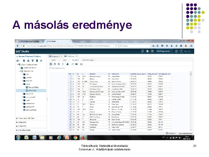 A másolás eredménye Többváltozós Statisztikai Modellezés Csicsman J. : Adattárházak-adatelemzés 21 