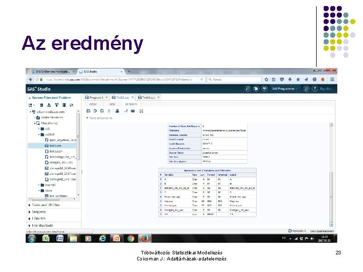 Az eredmény Többváltozós Statisztikai Modellezés Csicsman J. : Adattárházak-adatelemzés 23 