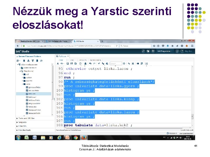 Nézzük meg a Yarstic szerinti eloszlásokat! Többváltozós Statisztikai Modellezés Csicsman J. : Adattárházak-adatelemzés 41