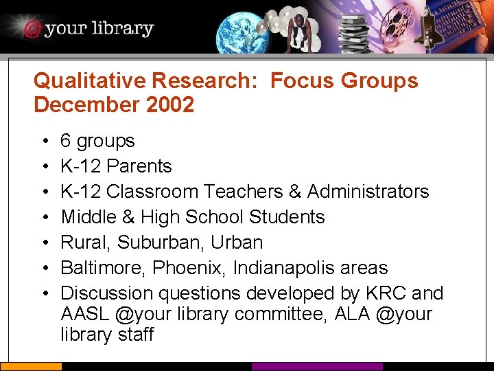 Qualitative Research: Focus Groups December 2002 • • 6 groups K-12 Parents K-12 Classroom