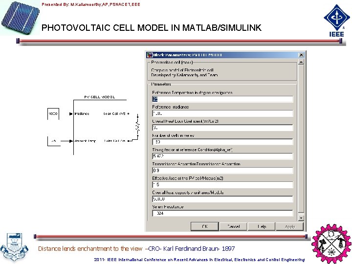 Presented By: M. Kaliamoorthy, AP, PSNACET, EEE PHOTOVOLTAIC CELL MODEL IN MATLAB/SIMULINK Distance lends