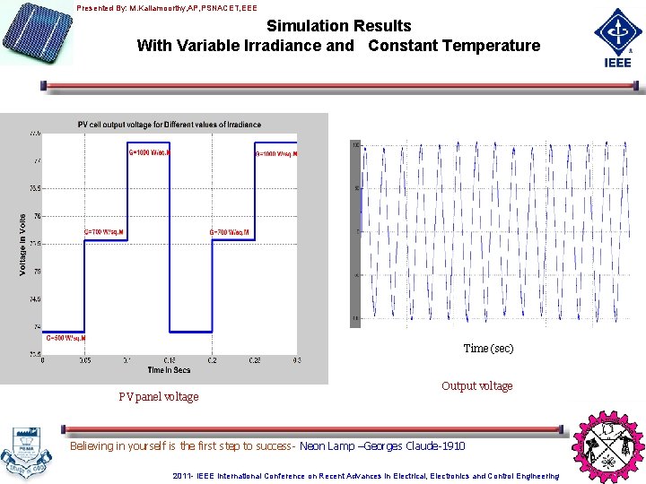 Presented By: M. Kaliamoorthy, AP, PSNACET, EEE Voltage (V) Simulation Results With Variable Irradiance